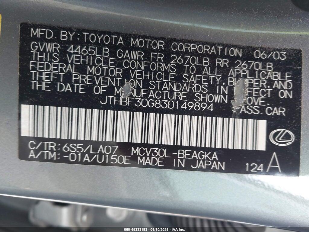 JTHBF30G830149894 2003 LEXUS ES 300 photo no. 9
