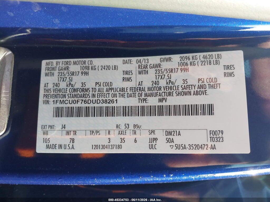 1FMCU0F76DUD38261 2013 FORD ESCAPE photo no. 9