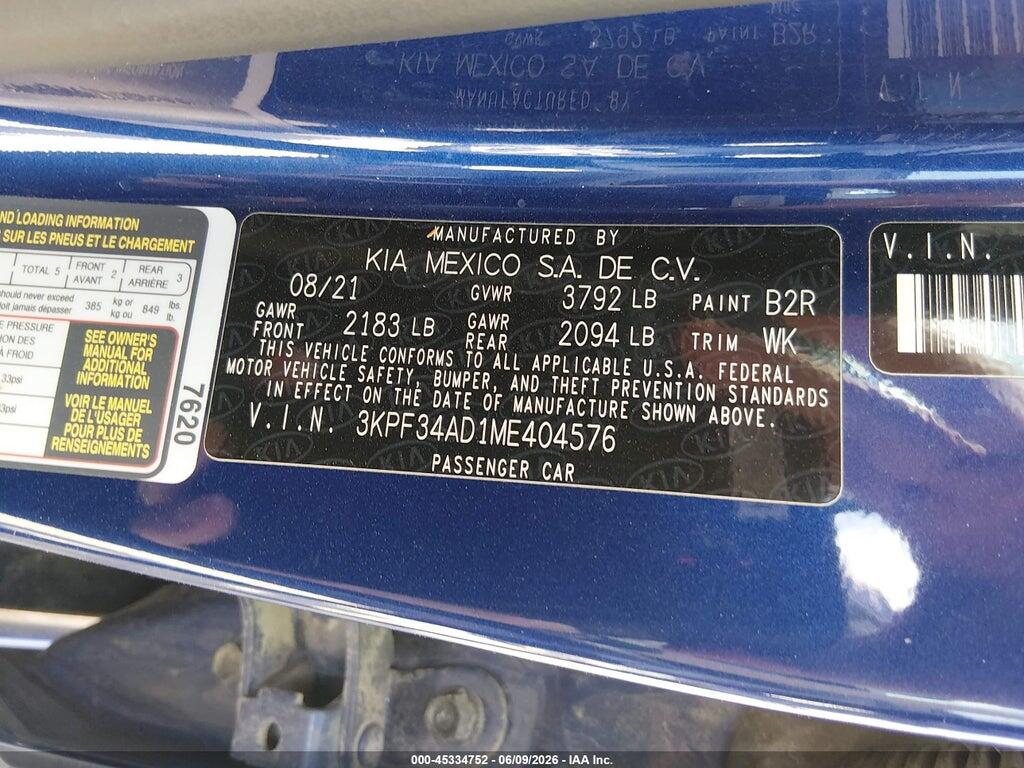 3KPF34AD1ME404576 2021 KIA FORTE photo no. 9