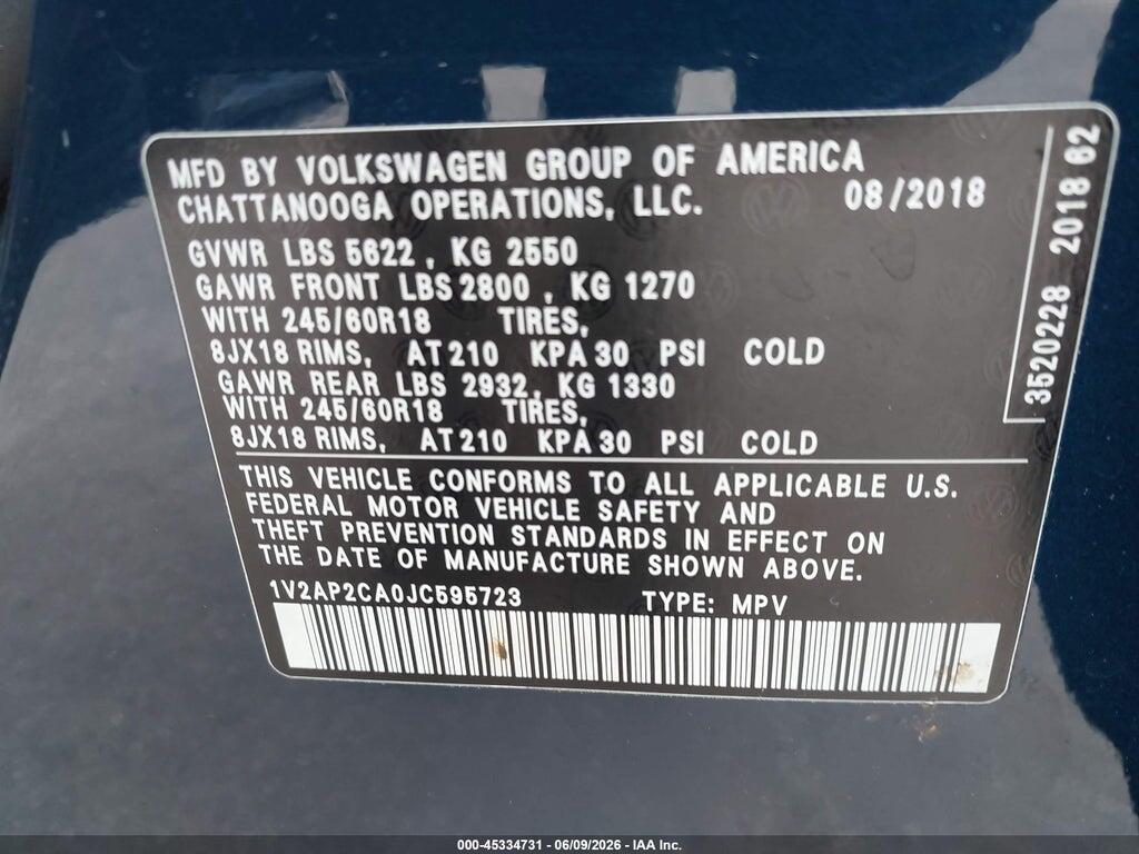 1V2AP2CA0JC595723 2018 VOLKSWAGEN ATLAS photo no. 9