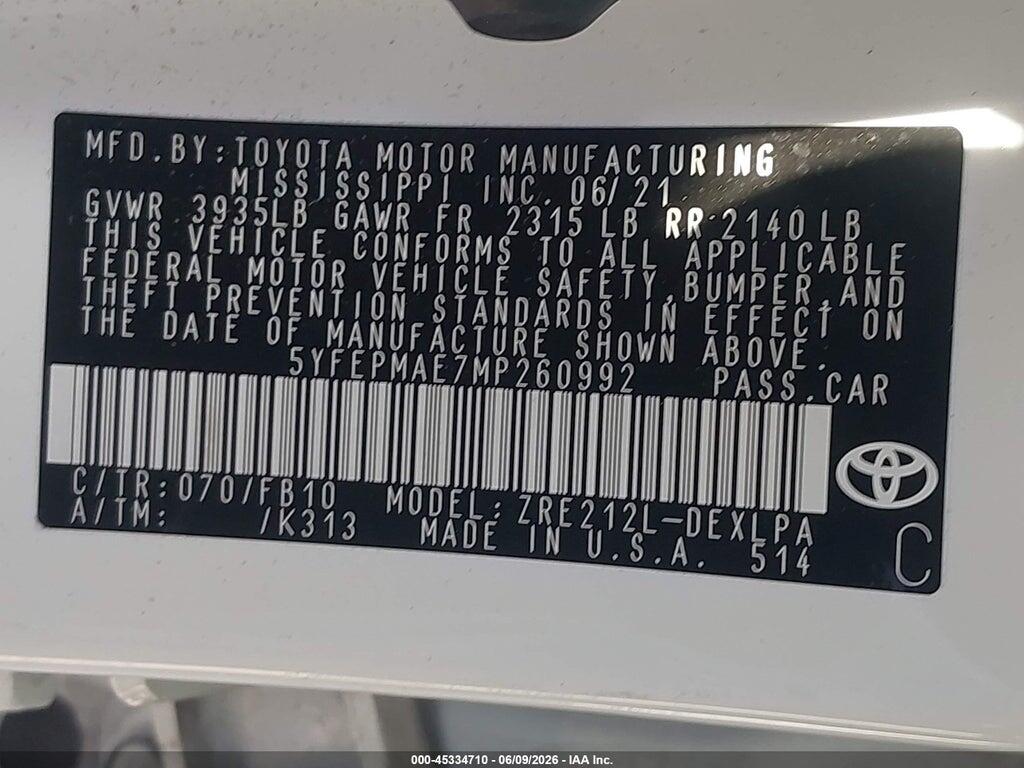 5YFEPMAE7MP260992 2021 TOYOTA COROLLA photo no. 9