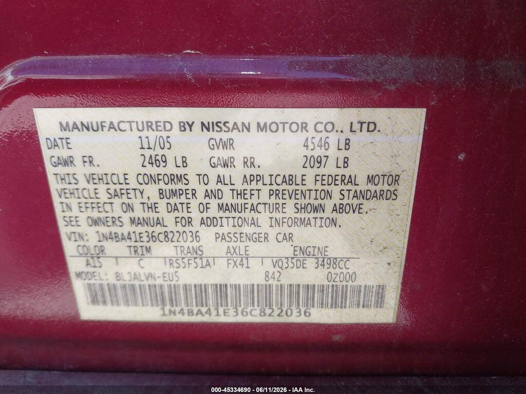 1N4BA41E36C822036 2006 NISSAN MAXIMA photo no. 9