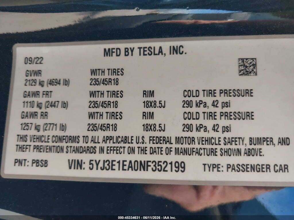 5YJ3E1EA0NF352199 2022 TESLA MODEL 3 photo no. 9