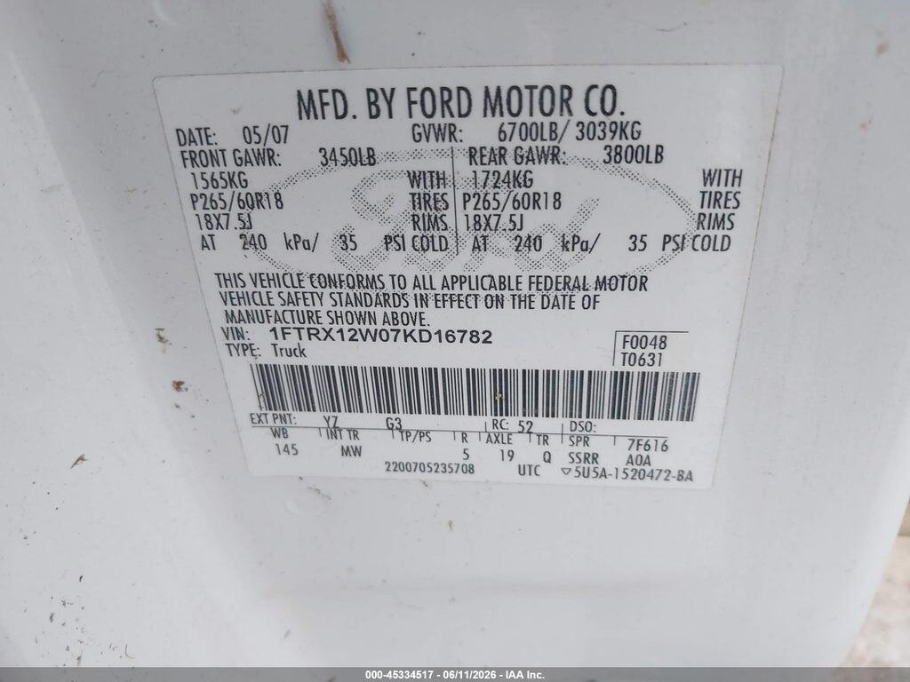 1FTRX12W07KD16782 2007 FORD F-150 photo no. 9