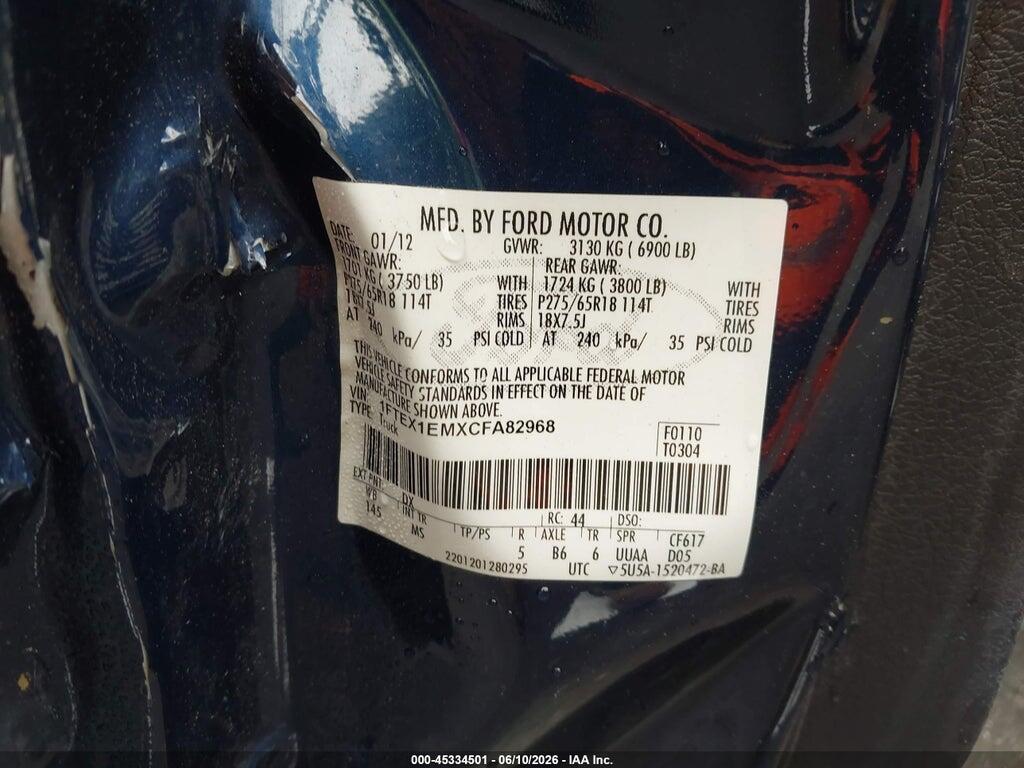 1FTEX1EMXCFA82968 2012 FORD F-150 photo no. 9