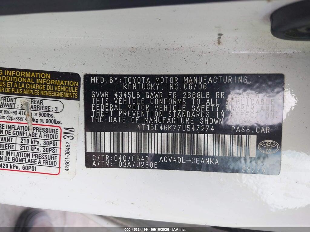 4T1BE46K77U547274 2007 TOYOTA CAMRY photo no. 9