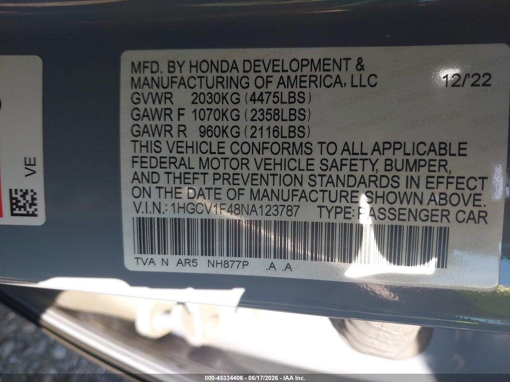 1HGCV1F48NA123787 2022 HONDA ACCORD photo no. 9
