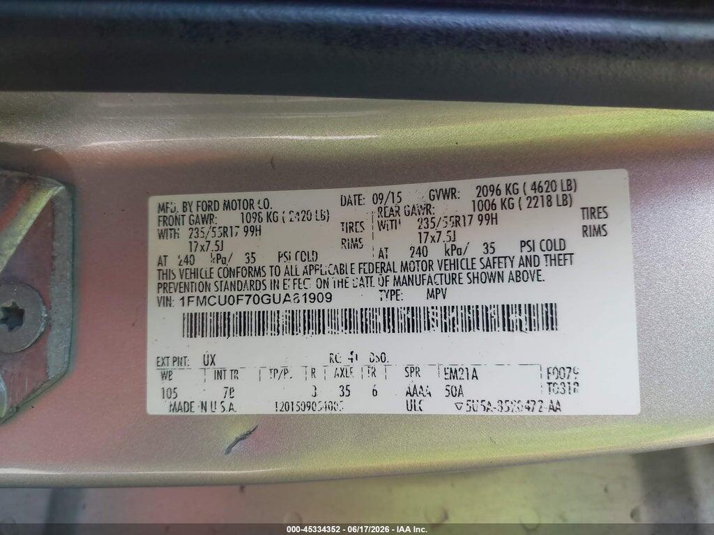1FMCU0F70GUA81909 2016 FORD ESCAPE photo no. 9