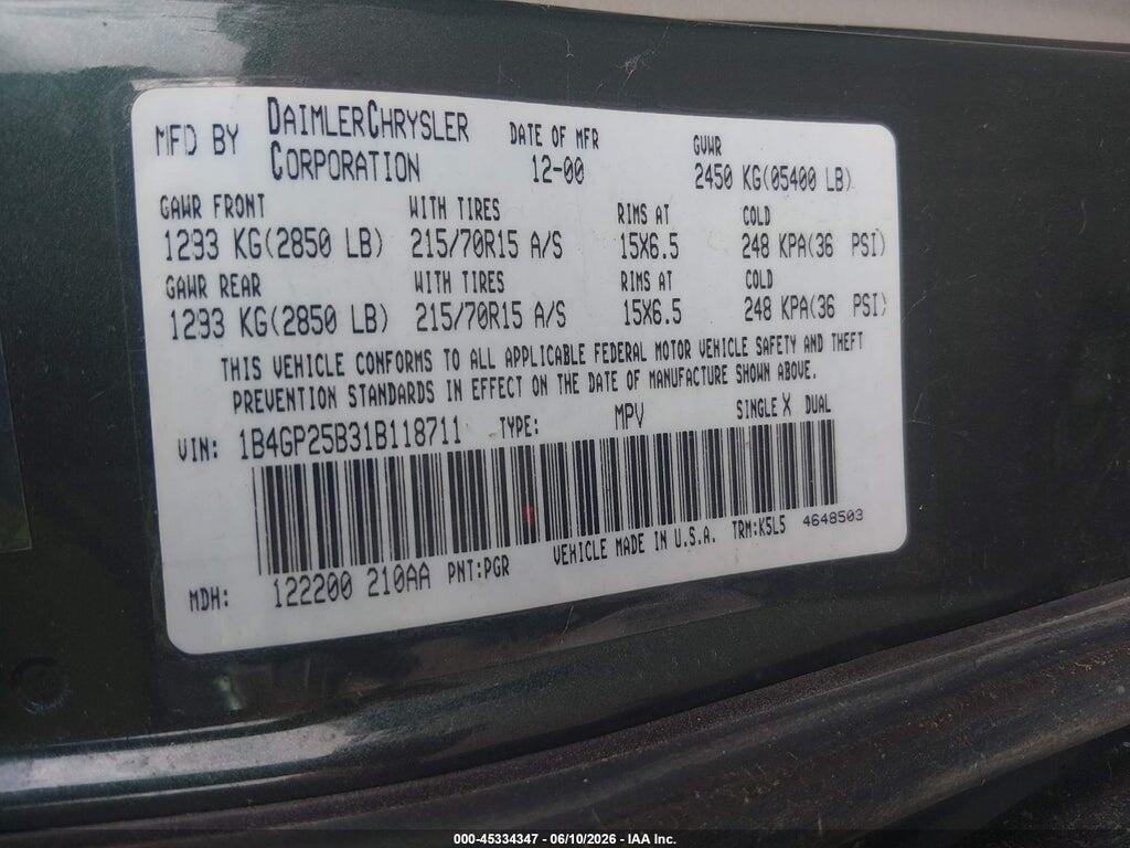 1B4GP25B31B118711 2001 DODGE CARAVAN photo no. 9
