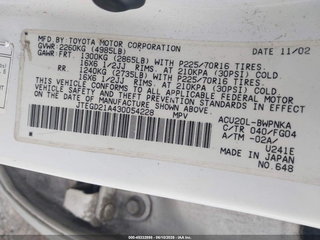 JTEGD21A430054228 2003 TOYOTA HIGHLANDER photo no. 9