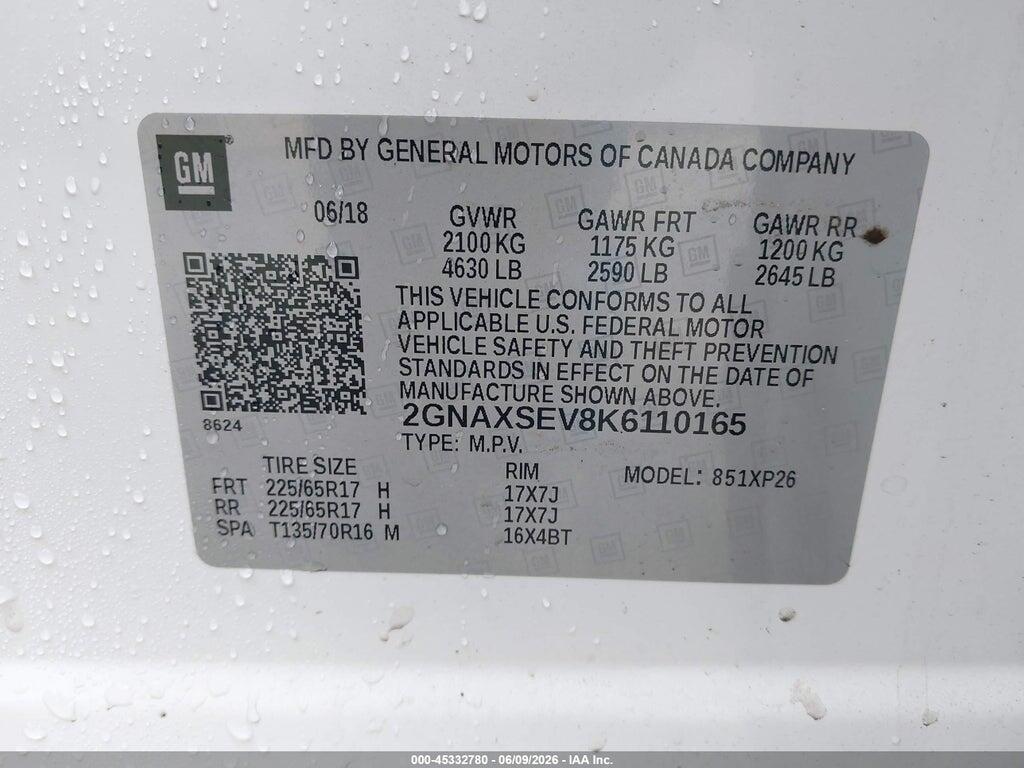 2GNAXSEV8K6110165 2019 CHEVROLET EQUINOX photo no. 9