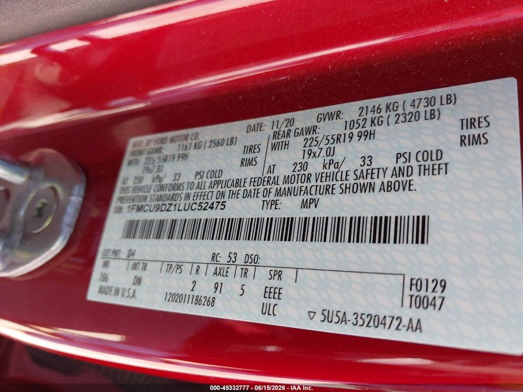 1FMCU9DZ1LUC52475 2020 FORD ESCAPE photo no. 9