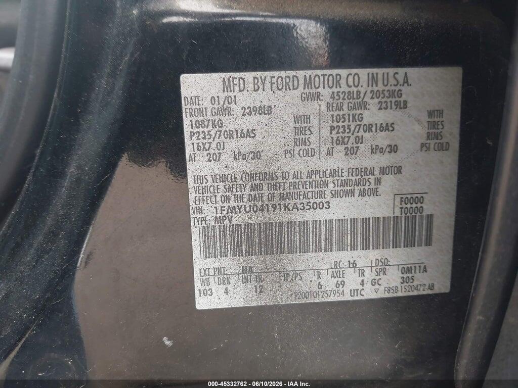 1FMYU04191KA35003 2001 FORD ESCAPE photo no. 9