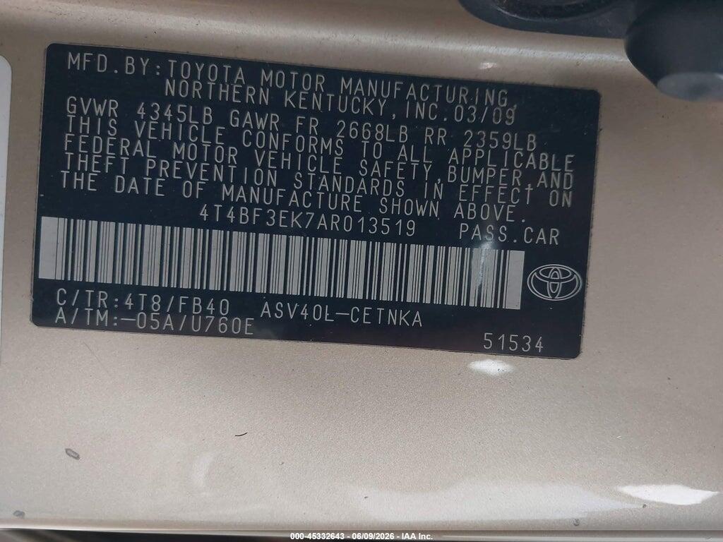4T4BF3EK7AR013519 2010 TOYOTA CAMRY photo no. 9