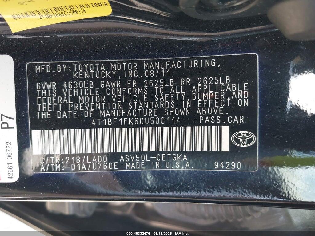 4T1BF1FK6CU500114 2012 TOYOTA CAMRY photo no. 9