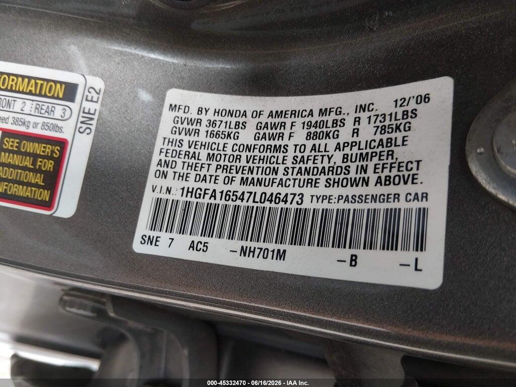 1HGFA16547L046473 2007 HONDA CIVIC photo no. 9
