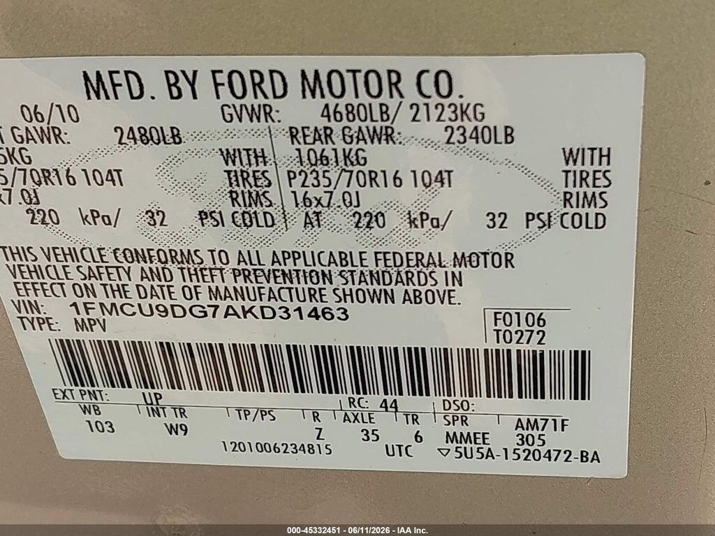 1FMCU9DG7AKD31463 2010 FORD ESCAPE photo no. 9