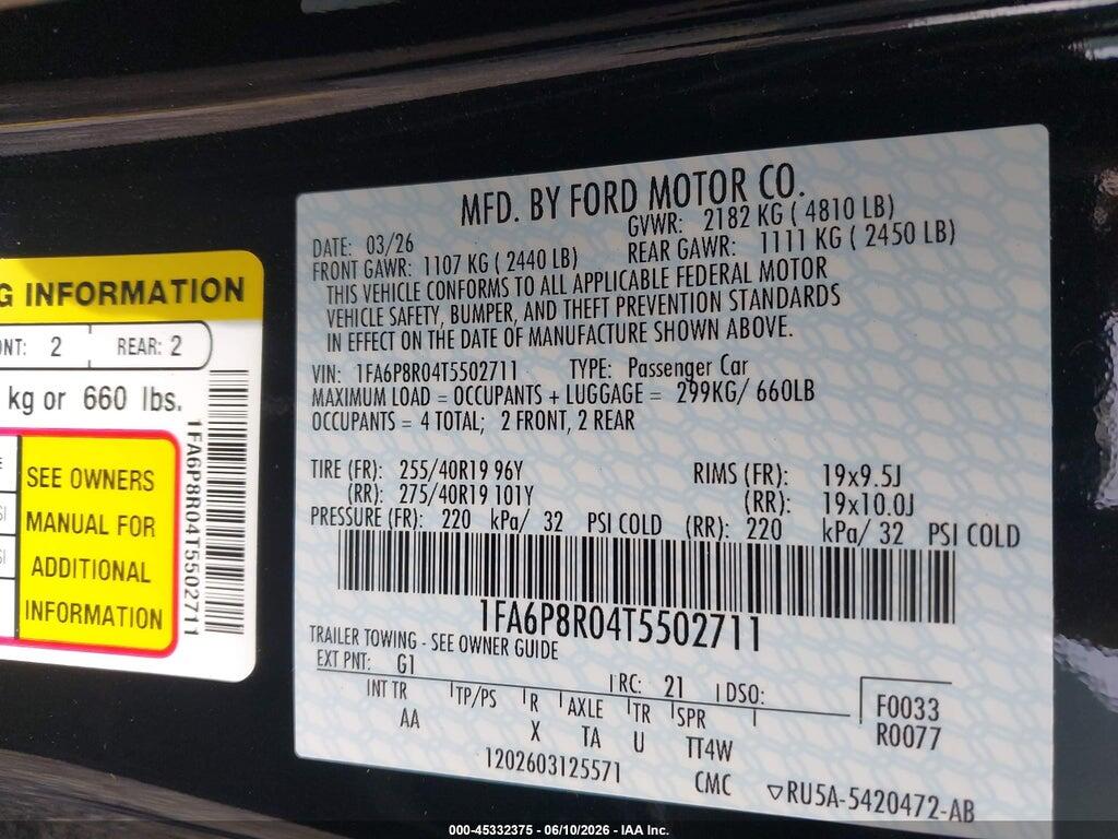 1FA6P8R04T5502711 2026 FORD MUSTANG photo no. 9