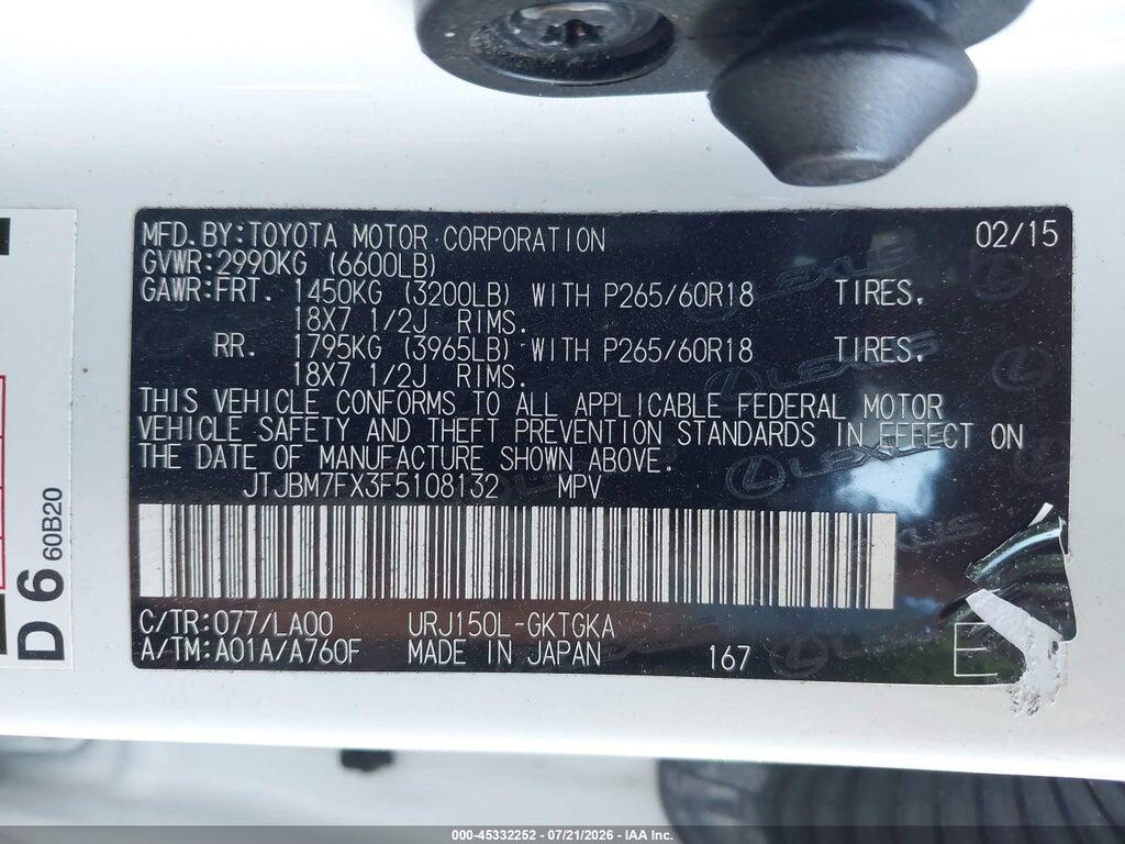 JTJBM7FX3F5108132 2015 LEXUS GX 460 photo no. 9