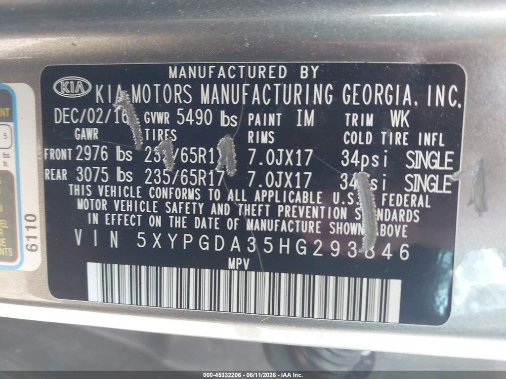 5XYPGDA35HG293846 2017 KIA SORENTO photo no. 9