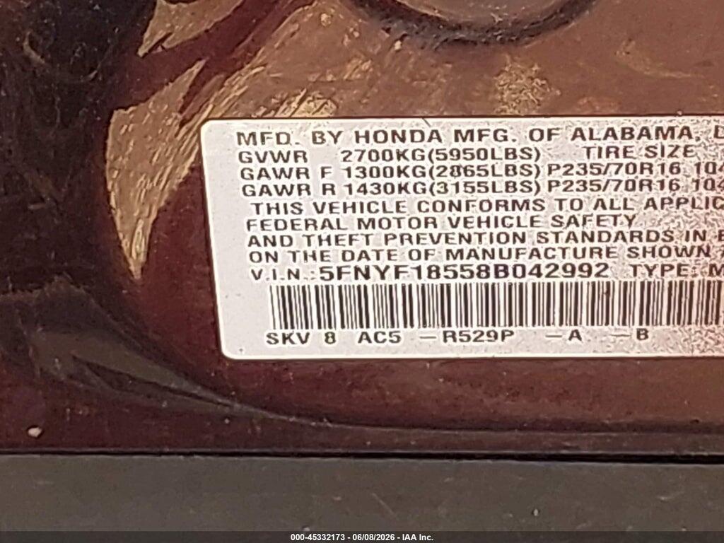 5FNYF18558B042992 2008 HONDA PILOT photo no. 9