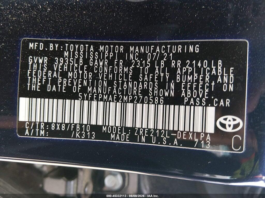 5YFEPMAE2MP270586 2021 TOYOTA COROLLA photo no. 9