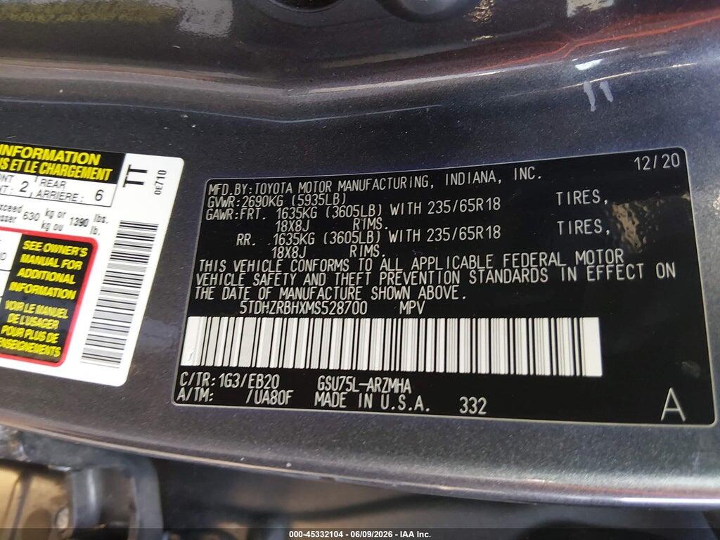 5TDHZRBHXMS528700 2021 TOYOTA HIGHLANDER photo no. 9