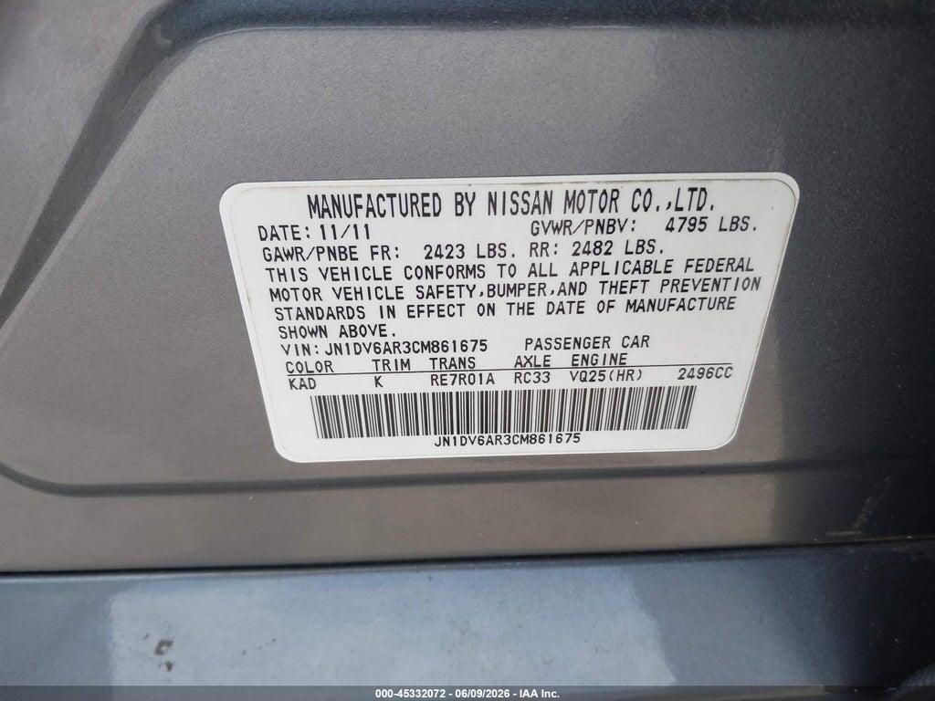 JN1DV6AR3CM861675 2012 INFINITI G25X photo no. 9