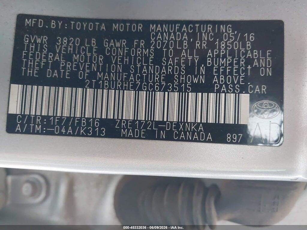 2T1BURHE7GC673515 2016 TOYOTA COROLLA photo no. 9