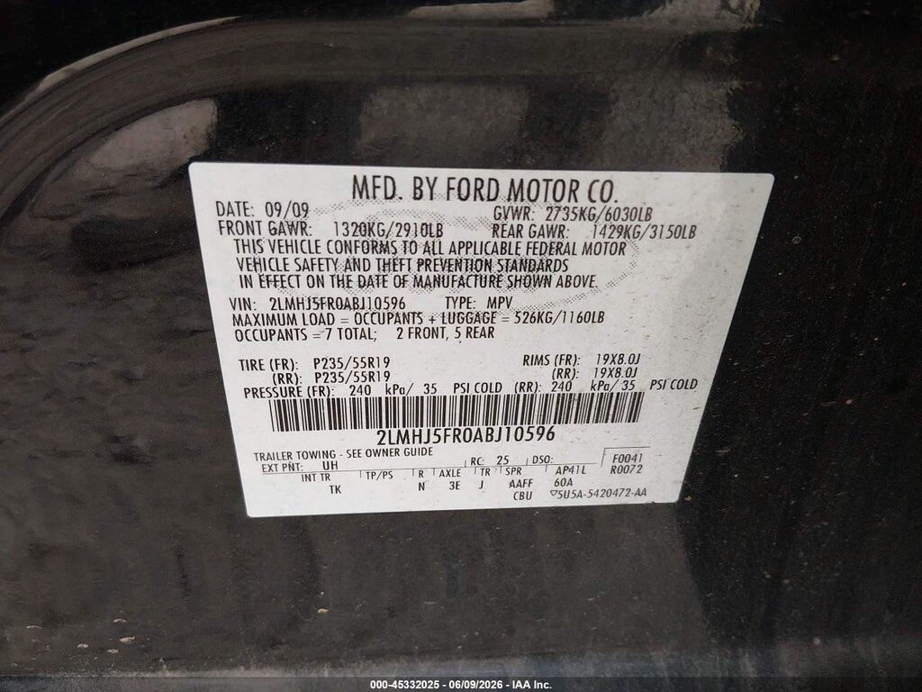 2LMHJ5FR0ABJ10596 2010 LINCOLN MKT photo no. 9