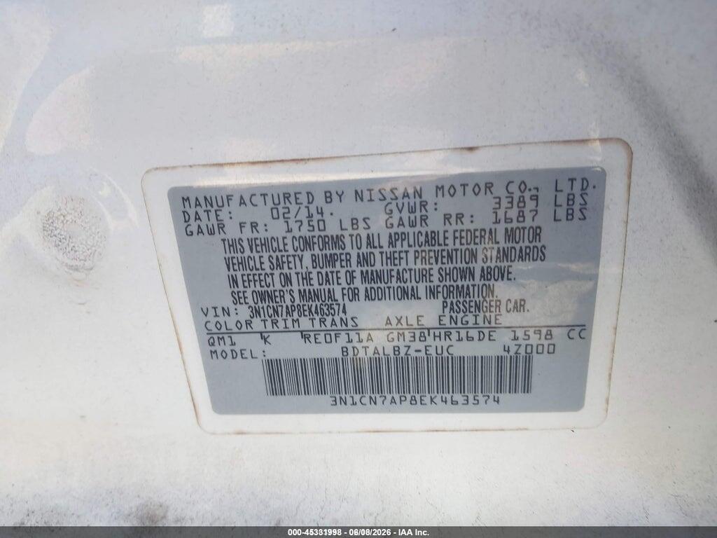 3N1CN7AP8EK463574 2014 NISSAN VERSA photo no. 9