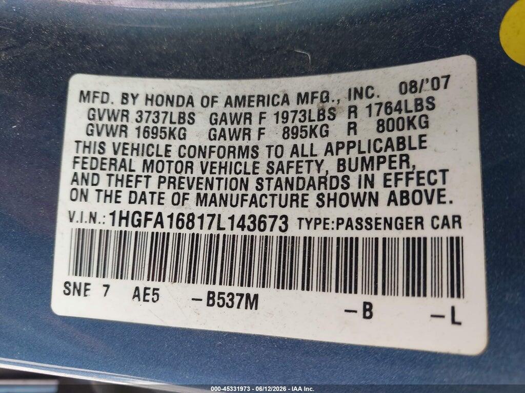 1HGFA16817L143673 2007 HONDA CIVIC photo no. 9