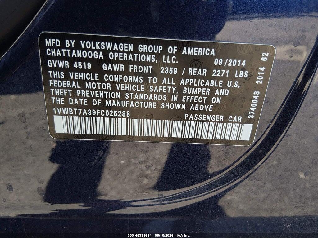 1VWBT7A39FC025288 2015 VOLKSWAGEN PASSAT photo no. 9