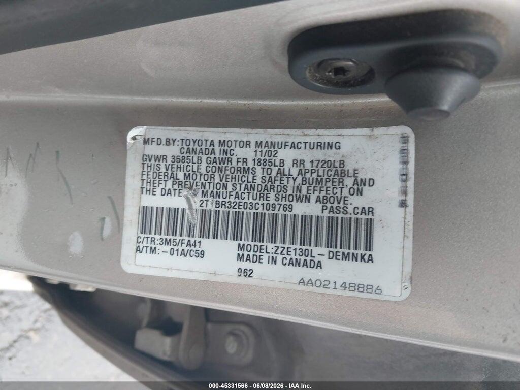 2T1BR32E03C109769 2003 TOYOTA COROLLA photo no. 9