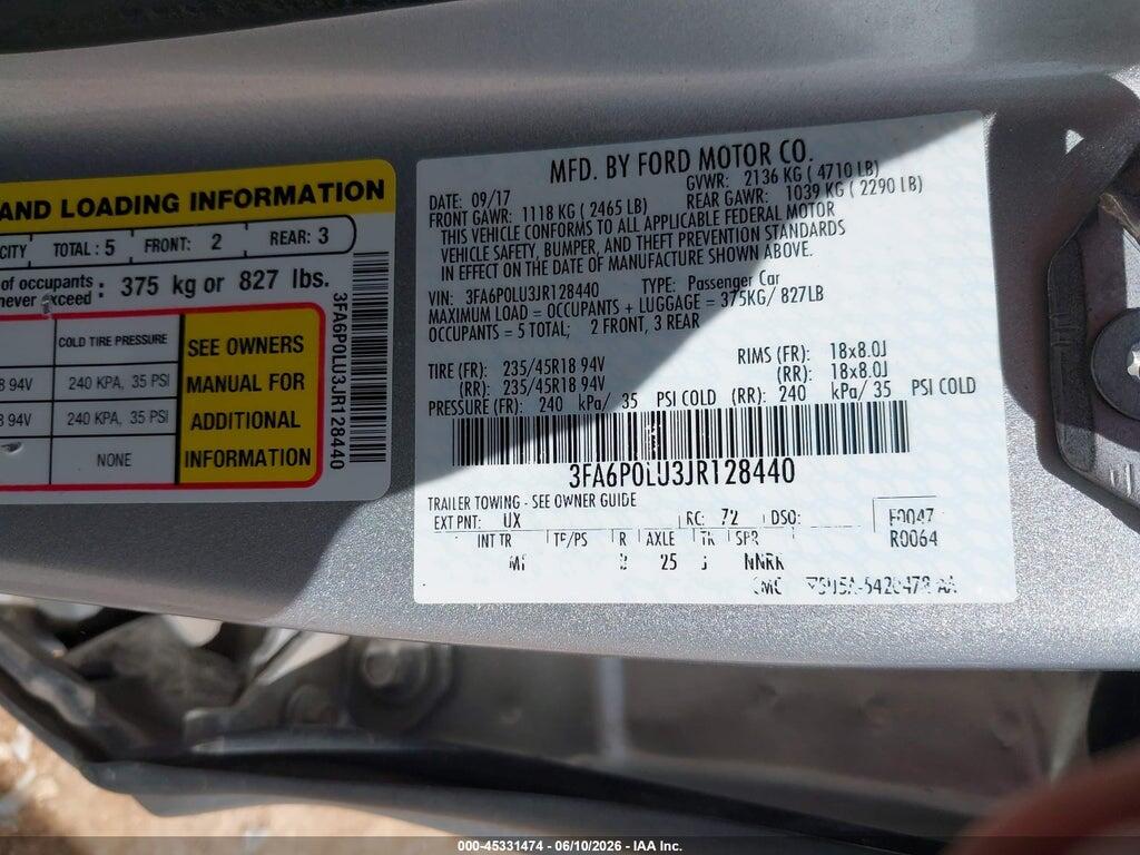 3FA6P0LU3JR128440 2018 FORD FUSION HYBRID photo no. 9