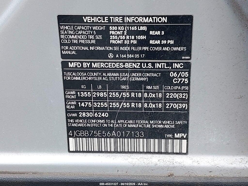 4JGBB75E56A017133 2006 MERCEDES-BENZ ML 500 photo no. 9