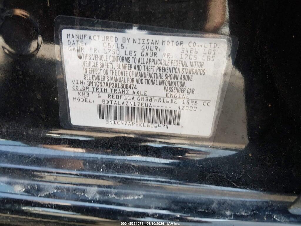 3N1CN7AP3KL806474 2019 NISSAN VERSA photo no. 9