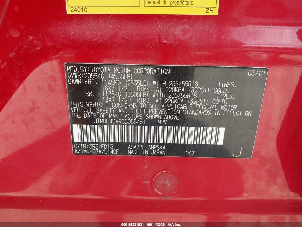 JTMRF4DV9C5055461 2012 TOYOTA RAV4 photo no. 9