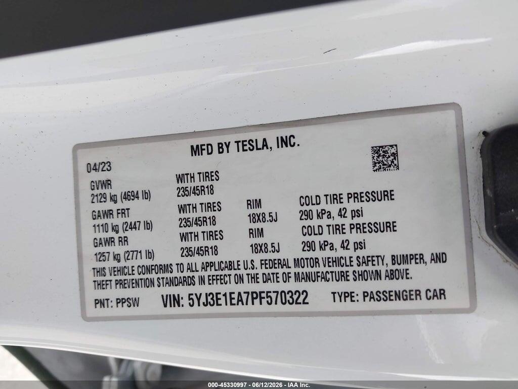 5YJ3E1EA7PF570322 2023 TESLA MODEL 3 photo no. 9