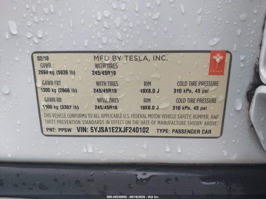 5YJSA1E2XJF240102 2018 TESLA MODEL S photo no. 9