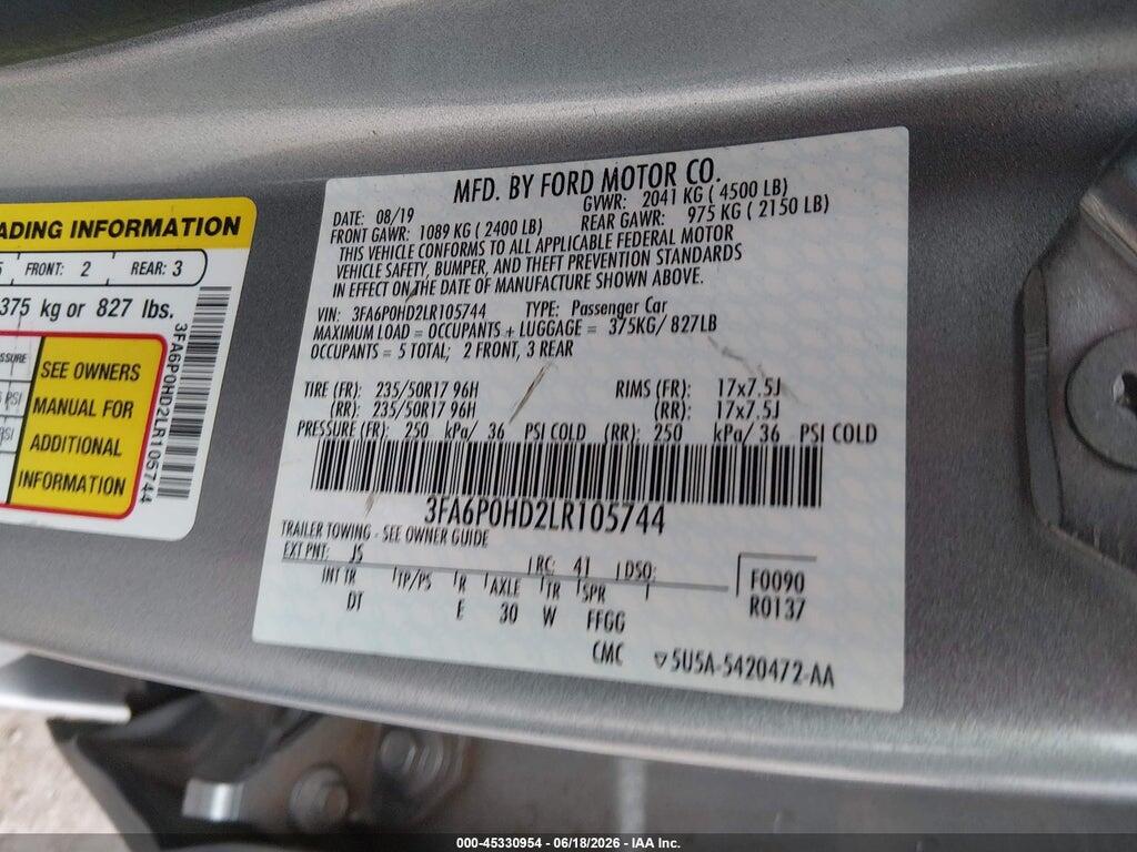 3FA6P0HD2LR105744 2020 FORD FUSION photo no. 9