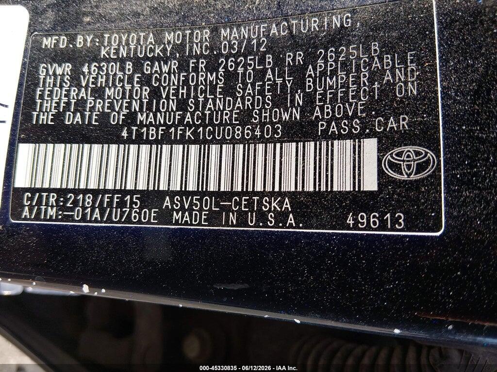 4T1BF1FK1CU086403 2012 TOYOTA CAMRY photo no. 9