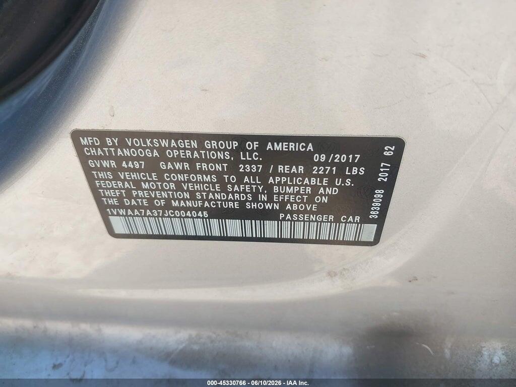 1VWAA7A37JC004045 2018 VOLKSWAGEN PASSAT photo no. 9