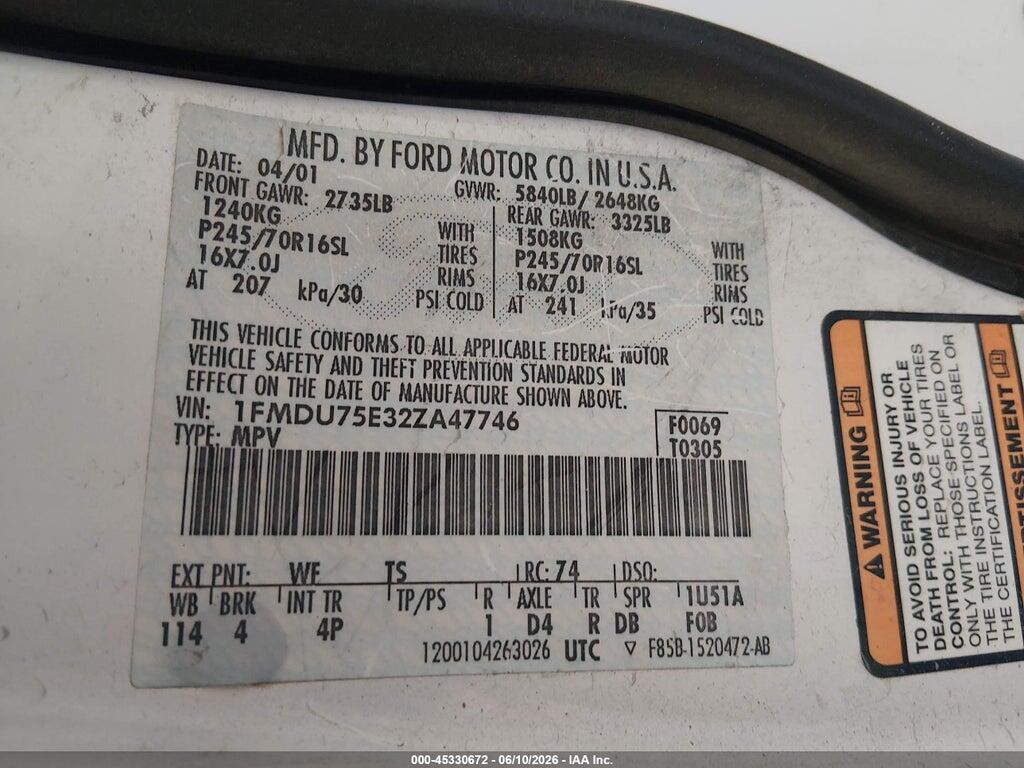 1FMDU75E32ZA47746 2002 FORD EXPLORER photo no. 9