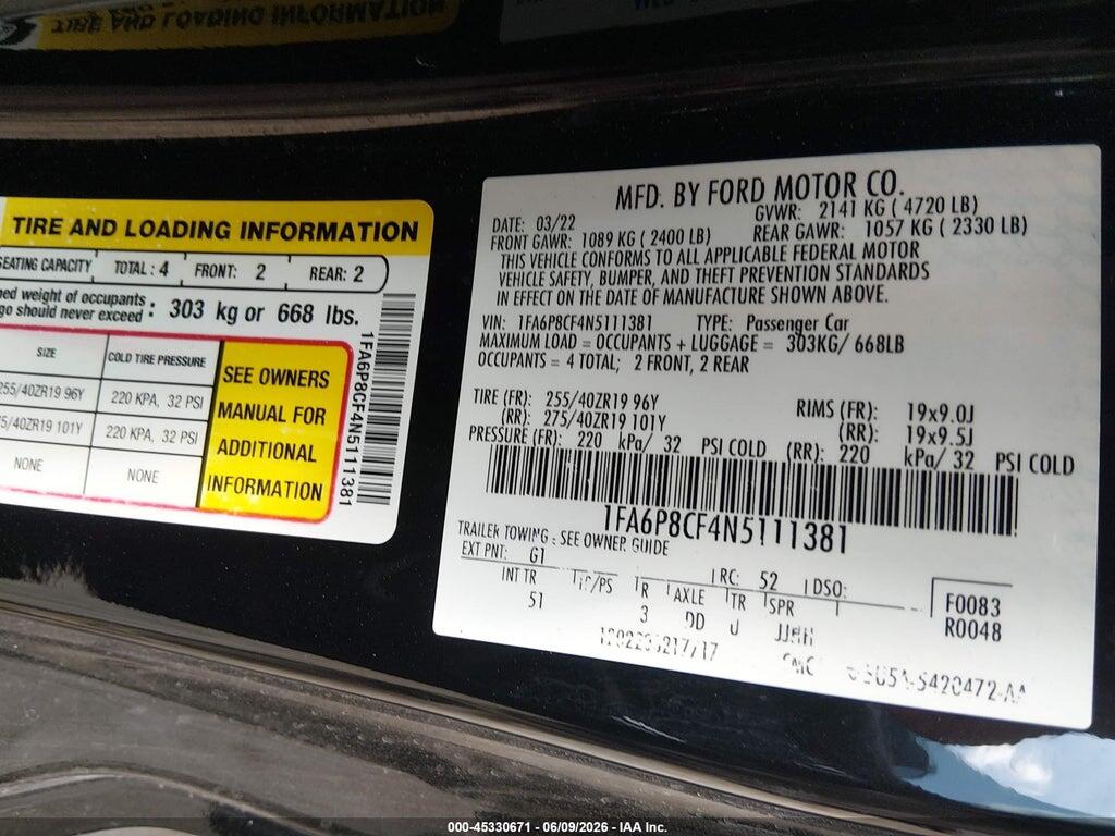 1FA6P8CF4N5111381 2022 FORD MUSTANG photo no. 9