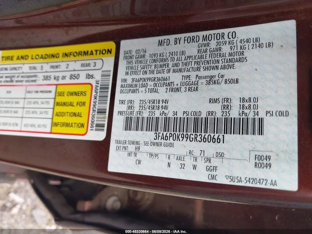 3FA6P0K99GR360661 2016 FORD FUSION photo no. 9