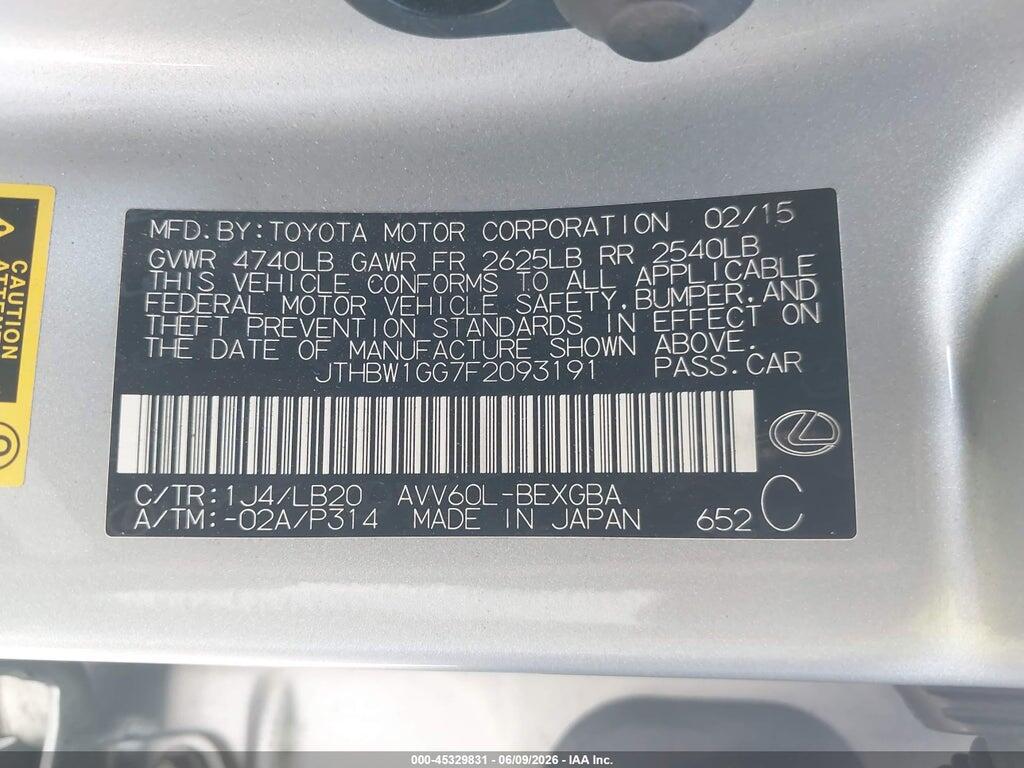 JTHBW1GG7F2093191 2015 LEXUS ES 300H photo no. 9