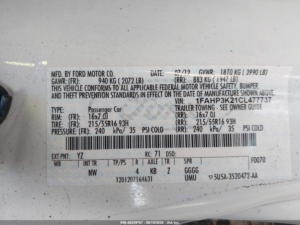 1FAHP3K21CL477737 2012 FORD FOCUS photo no. 9