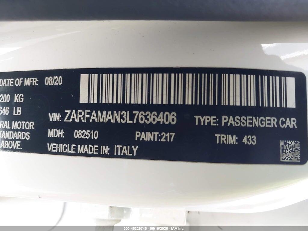 ZARFAMAN3L7636406 2020 ALFA ROMEO GIULIA photo no. 9