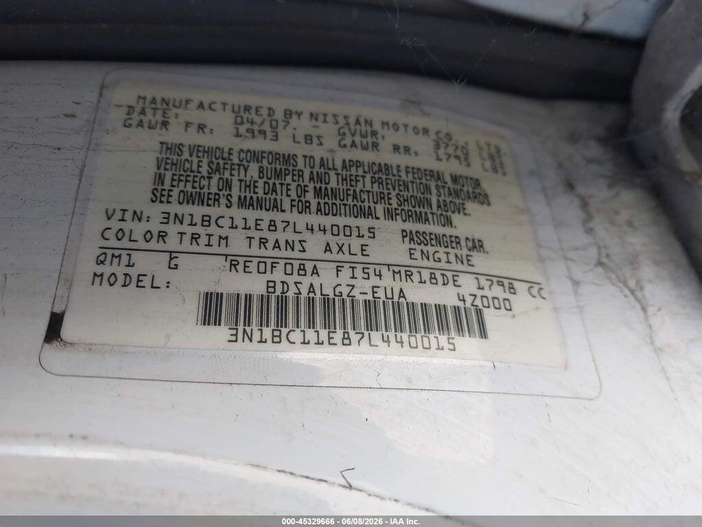 3N1BC11E87L440015 2007 NISSAN VERSA photo no. 9